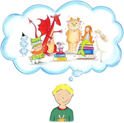 An illustration showing a little blonde boy imaging the magical characters from Bang on Books