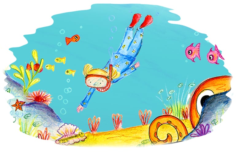 Hand drawn illustration of an underwater sea scene showing a personalised character from the pirate adventure story book, The Golden Key