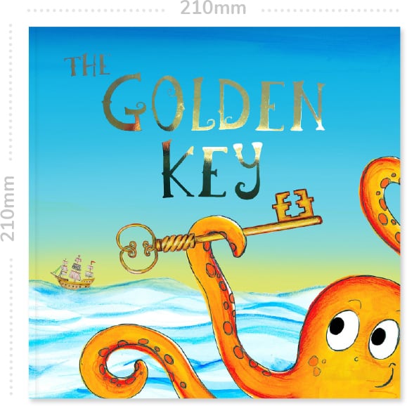 The Golden Key - Personalised Pirate Adventure Book Cover with Dimensions Book cover of the pirate adventure The Golden Key with it's dimensions of 210mm by 210mm