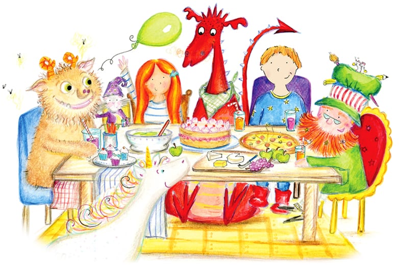 Hero child having a party with Unicorn Oo, troll, mermaid, dragon and leprechaun from the personalised fantasy adventure story book Unicorn Oo from Bang on Books