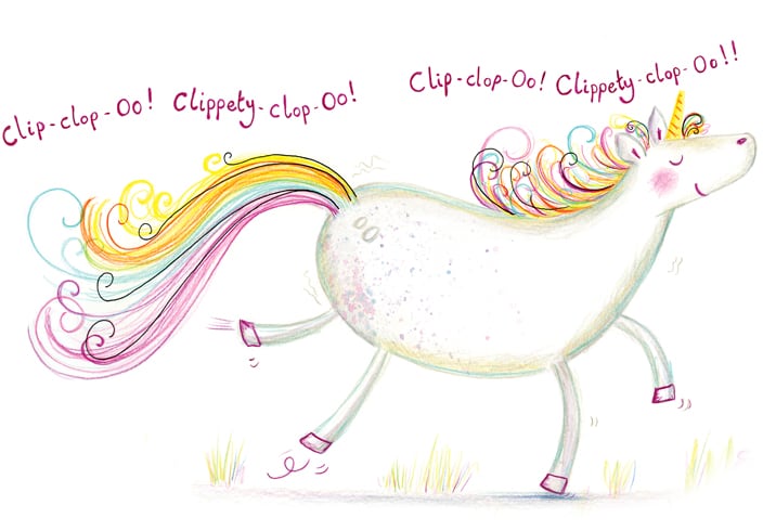 Hand illustrated Unicorn galloping to his own song from the personalised magical adventure story book - Unicorn Oo