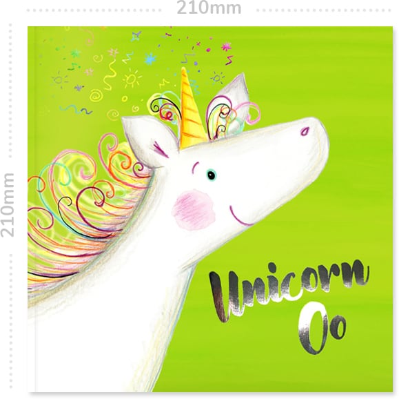Unicorn Oo - Personalised Book Dimensions Front cover of the personalised adventure book Unicorn Oo showing the 210mm dimensions