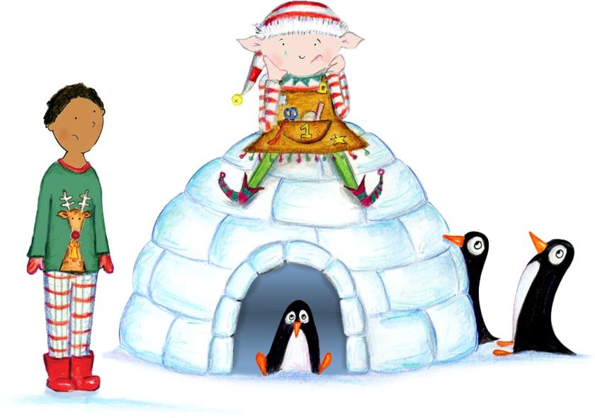 Hero trying to help the sad elf sitting on the penguins igloo, from the Christmas adventure story Santa Socks from bang on Books