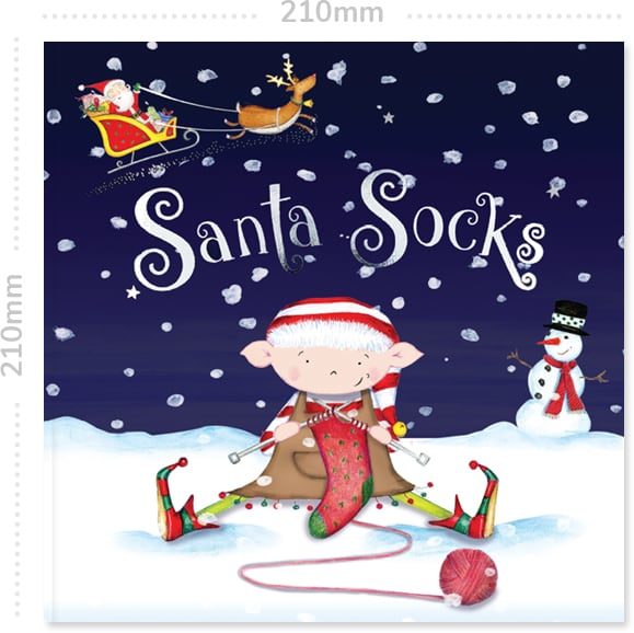 Front cover of the personalised book Santa Socks showing the measurements of 210mm to the side and above